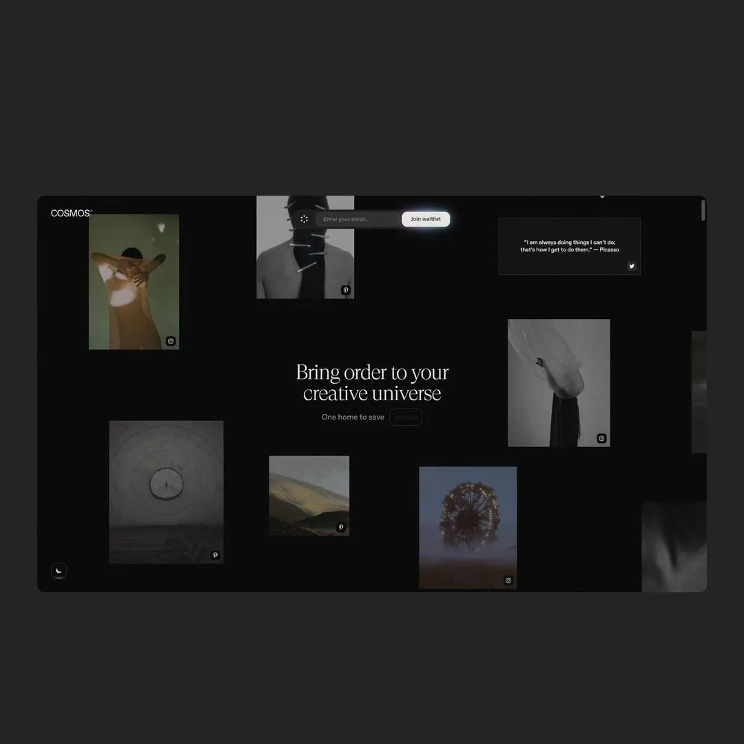 Dark creative collage and immersive moodboard interface